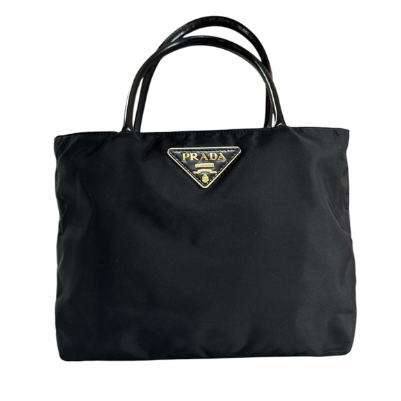 PRADA Tessuto Tote Bag Nylon with Gold Triangle Large Logo Plate Shoulder Bag - Picture 1 of 16